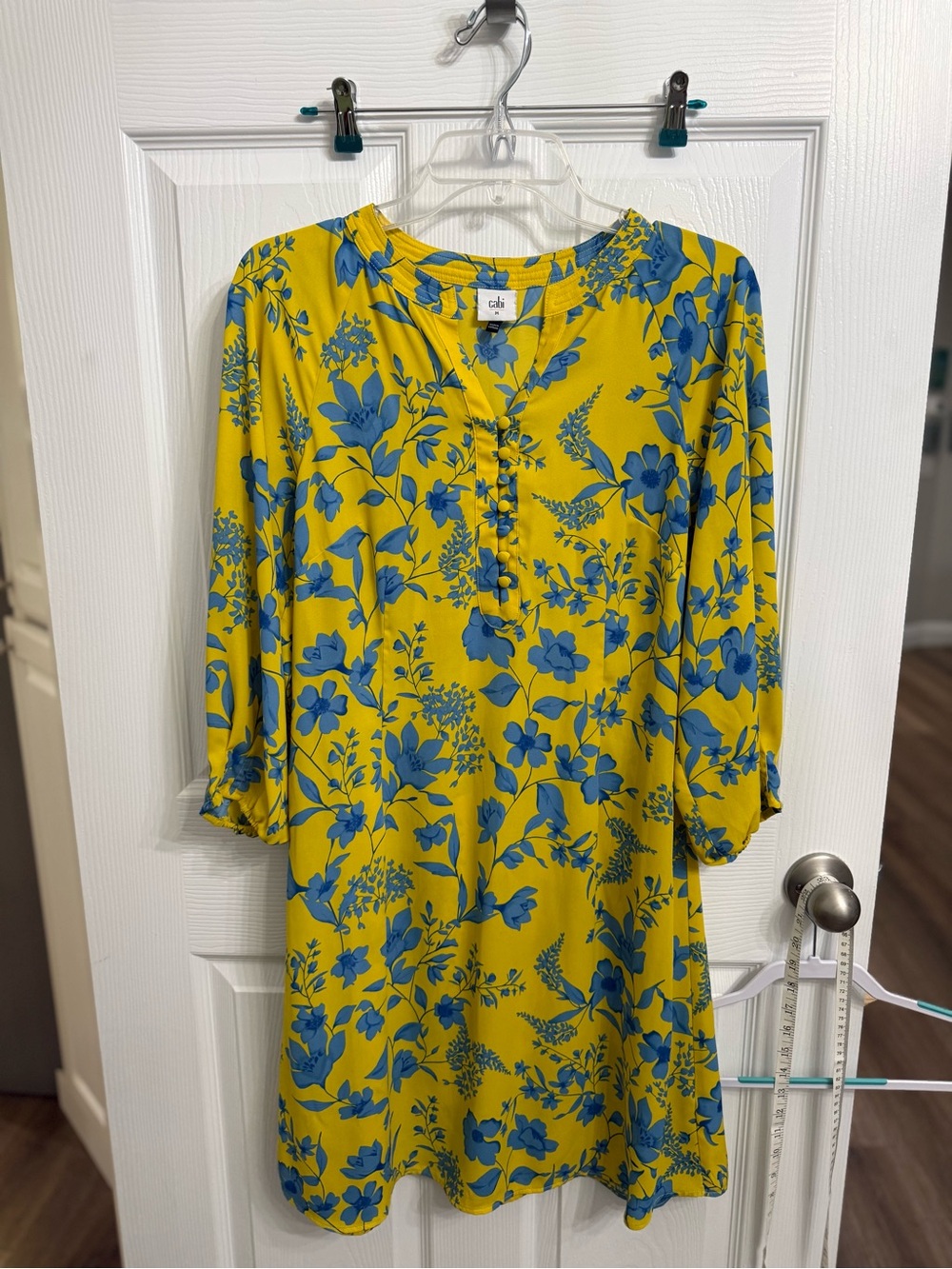 Cabi Lemon Drop Dress 5794 Medium Yellow Blue Floral Balloon Sleeve Boho Shift M